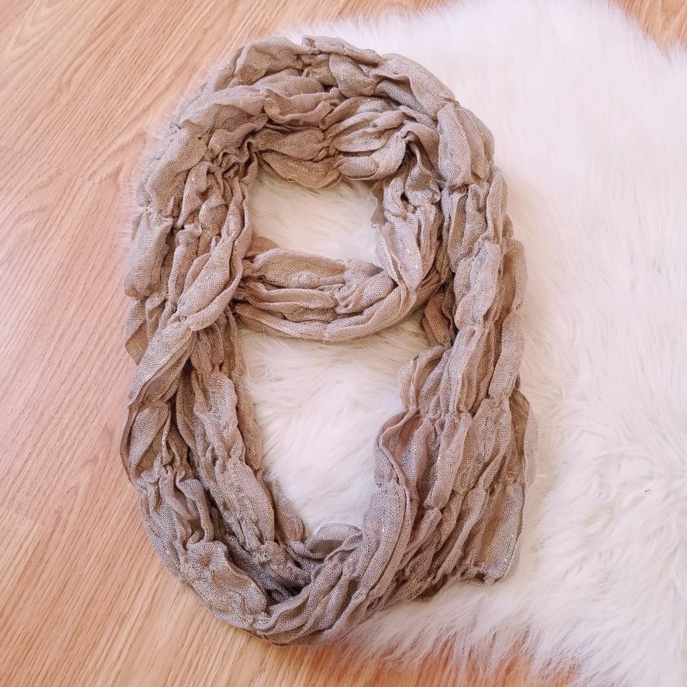 Tan & Gold Ruched Infinity Scarf - Picture 7 of 8